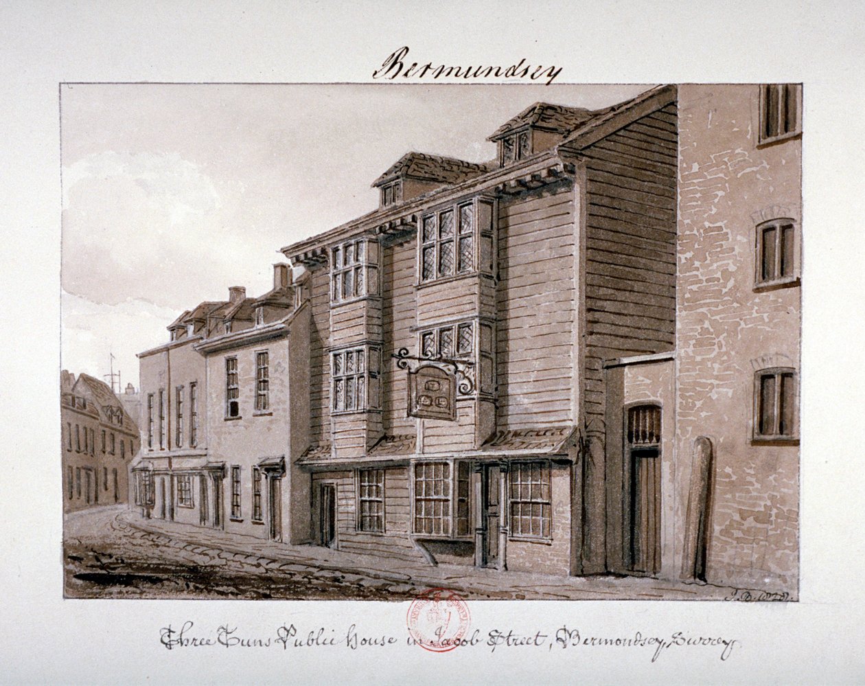 1828年、ロンドン、バーモンジー、ジェイコブ・ストリートにあるスリー・タンズ・パブの眺め 作： ジョン・チェッセル・バックラー
