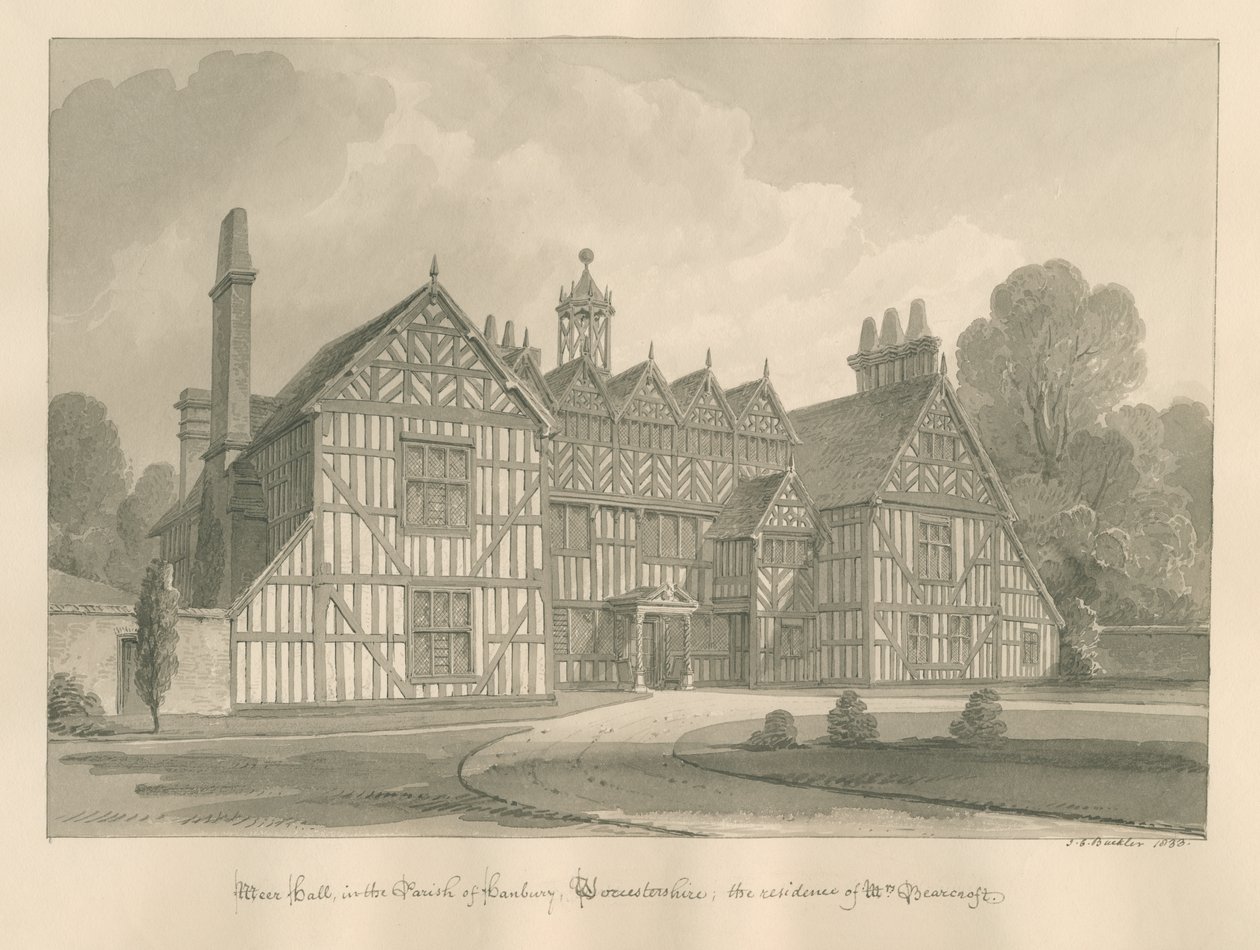 Worcestershire - Hanbury - Meer Hall: sepia drawing 作： ジョン・チェッセル・バックラー