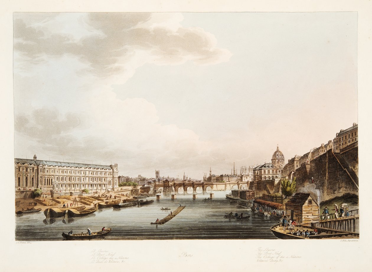 ルーブル;ポンヌフ; 4カ国の大学。 Voltaires Quay、ベルサイユ、パリ、サンドニのイラスト、パブ。 1805（アクアチント） 作： ナッテス後のジョン・クロード