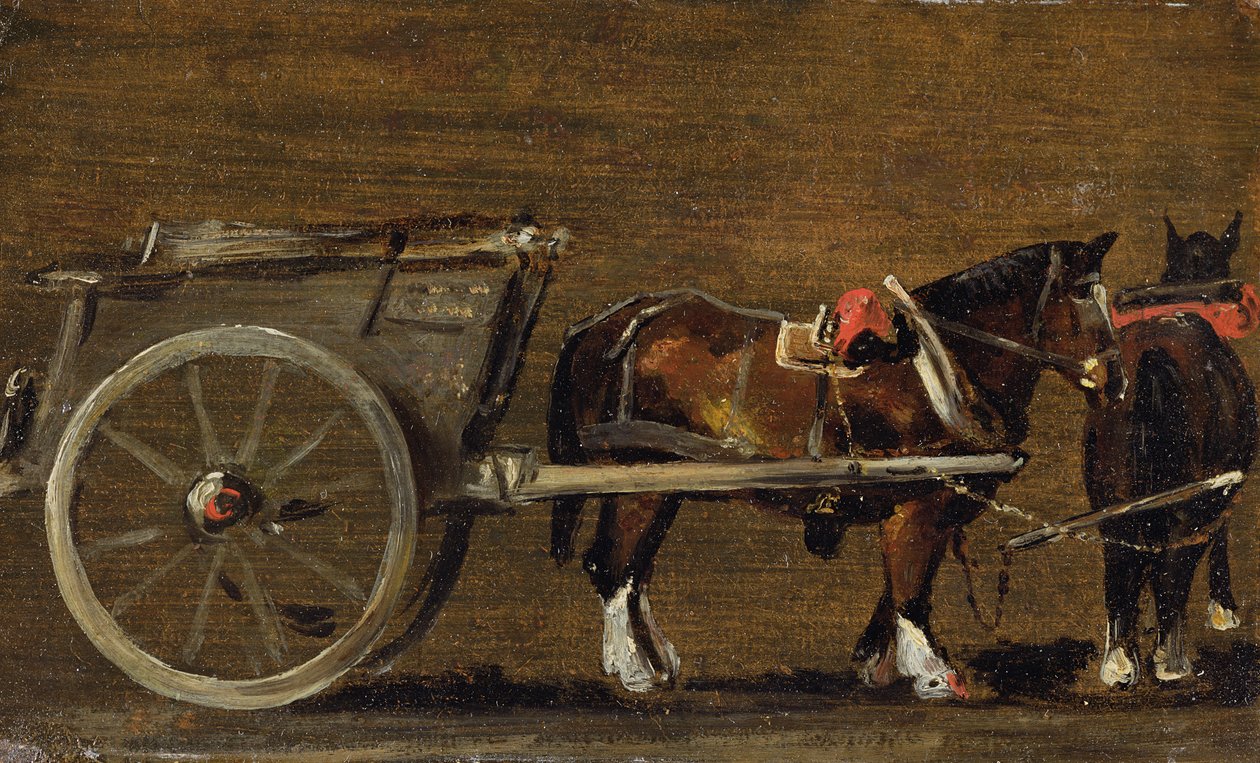 ハーネスに2頭の馬がいる農場のカート： &39;Stour Valley and Dedham Village、1814&39;のカートに関する研究（ボード上のキャンバスに油彩） 作： ジョン・コンスタブル