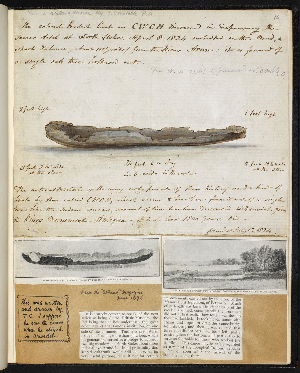 古美術品：ノース・ストークで発見（1824年）されたイギリスの古代カヌーの図面 作： ジョン・コンスタブル