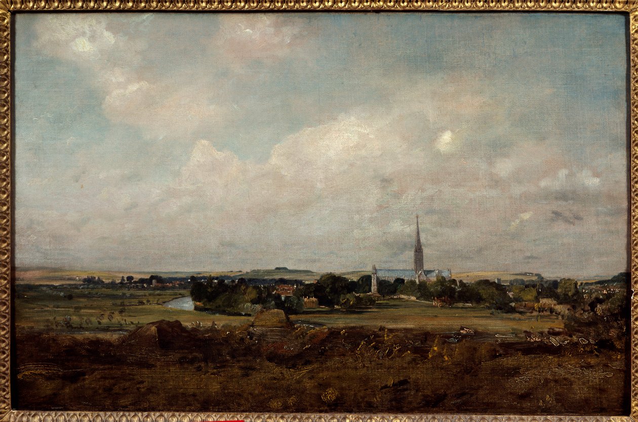 イングランドのソールズベリーの眺め ジョン・コンスタブル(1776-1837)の絵画 (ec.engl.) Sun.0,35x0,51 m パリ、ルーヴル美術館。 作： ジョン・コンスタブル