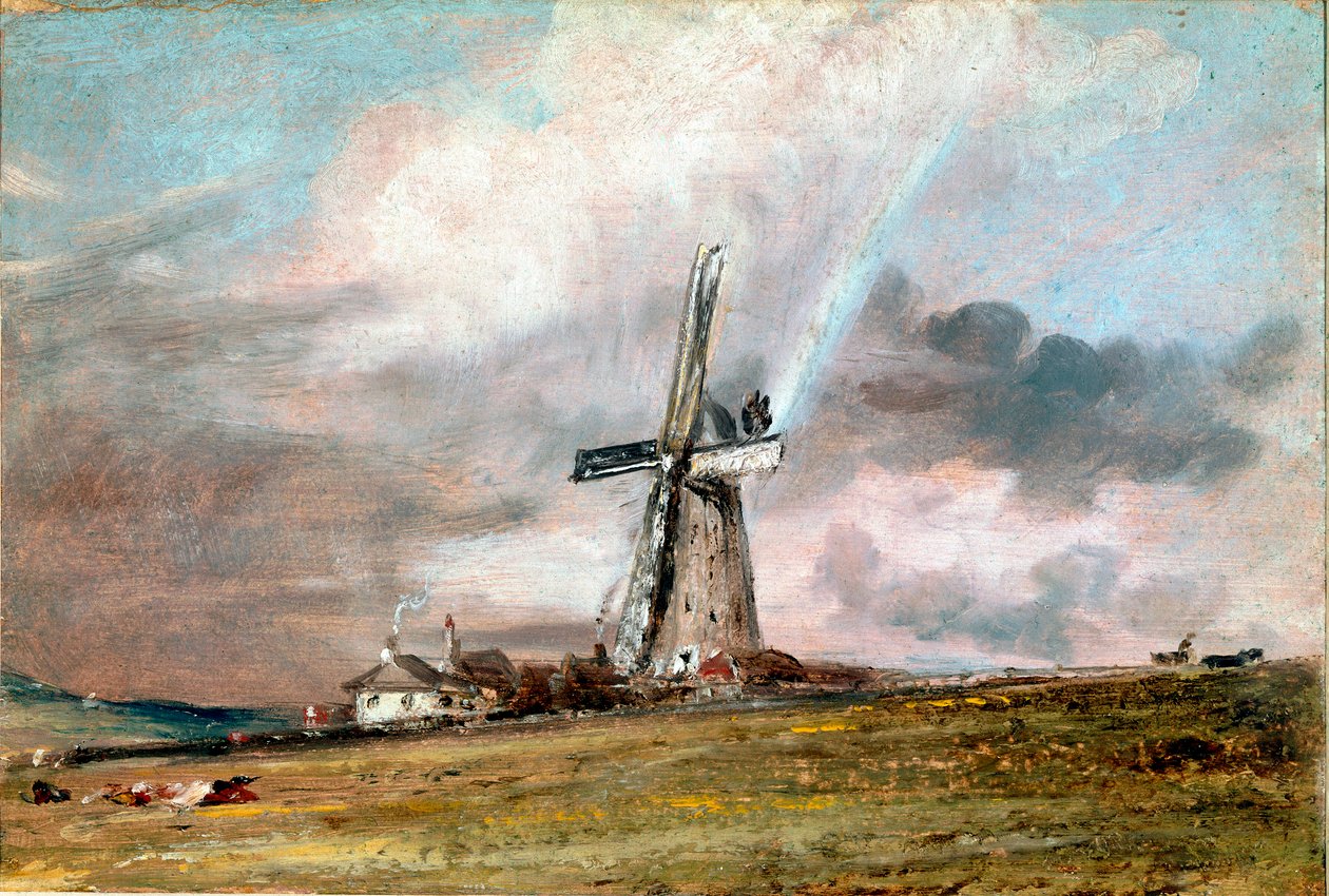 風車と家々と虹 ジョン・コンスタブル（1776-1837）の絵画 1824年 約日。21x30,4 cm ロンドン、ヴィクトリア・アンド・アルバート美術館 作： ジョン・コンスタブル