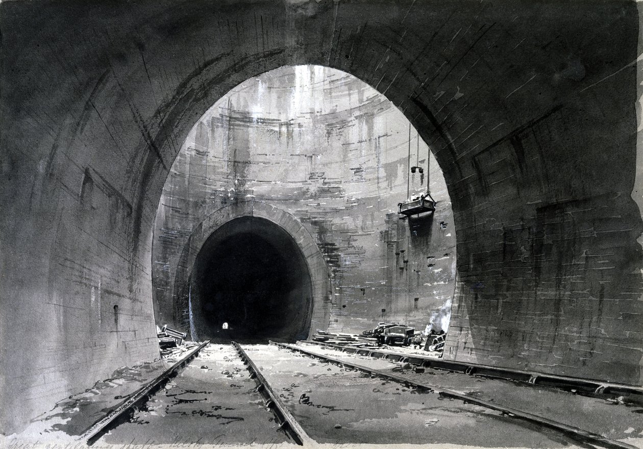 素晴らしい換気シャフト、Kilsby Tunnel、ノーサンプトンシャー、1837-38（紙にペンとインクとウォッシュ） 作： ジョンクックボーン