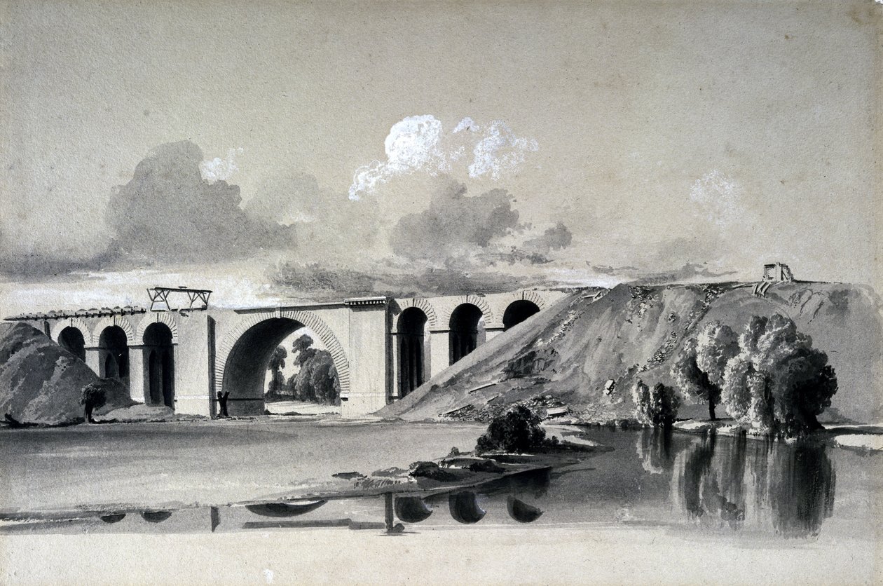 1837年7月27日、コベントリー近郊のシャーボーン高架橋（ペンとインクで紙の上を洗う） 作： ジョンクックボーン
