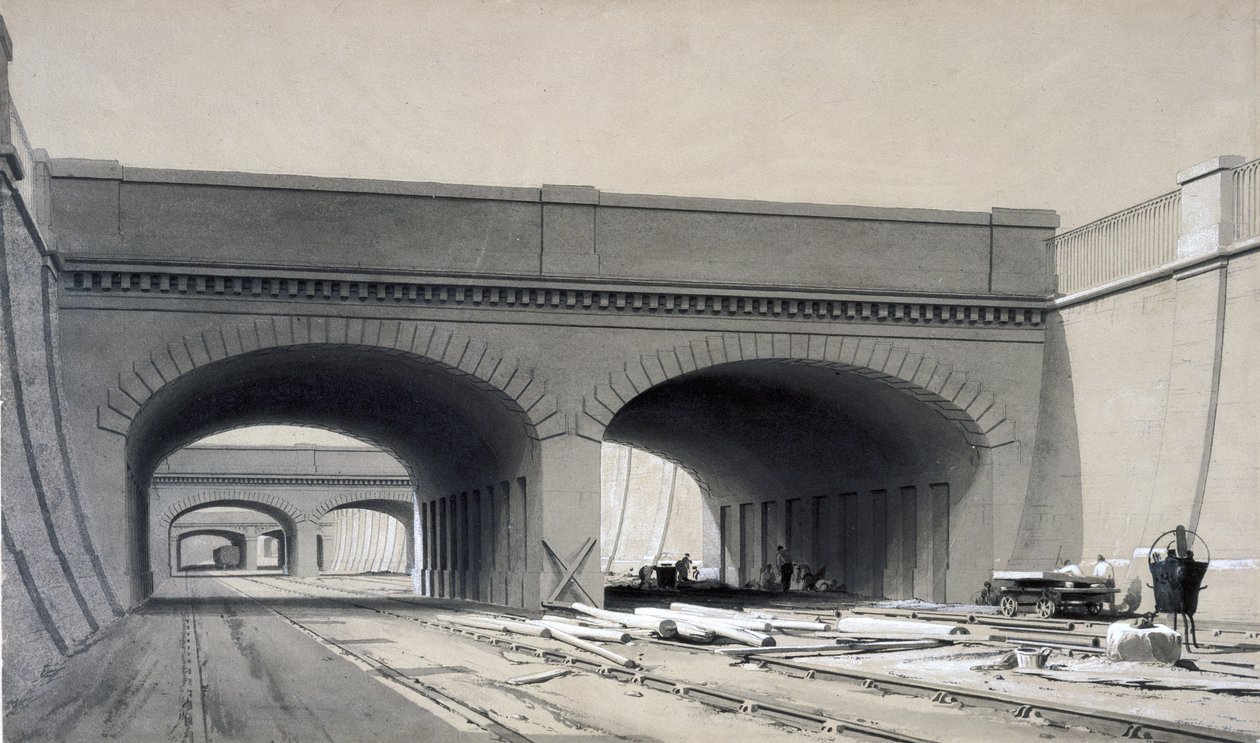 1837年9月、3つの橋が架かるユーストン駅の近くの景色（ペンとインクで紙の上を洗う） 作： ジョンクックボーン