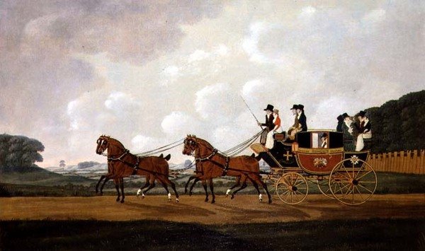 リチャード・コスター氏とクリストファー・イバーソン氏のLudlow to Worcester Mail Coachが走行中。 作： ジョン・コードリー