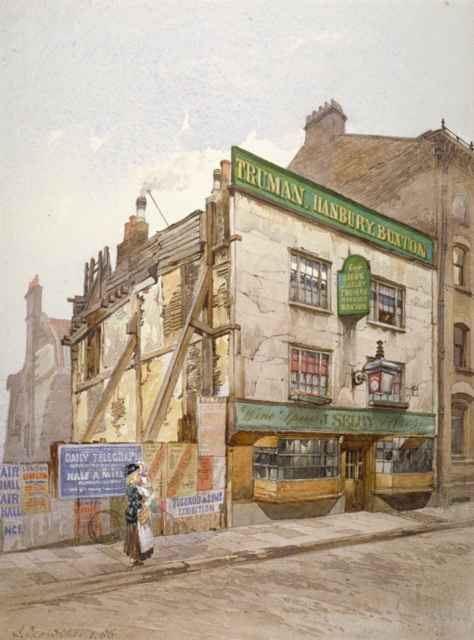 19世紀イギリス油絵、小池側の家 The Sieve public house, Church Street, Minories, London, 1886年