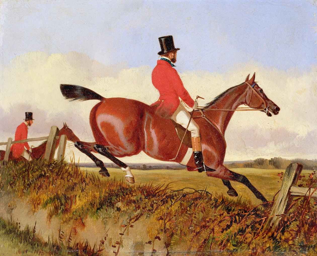 Foxhunting：Clearing a Bank、c.1840（oil on board） 作： ジョン・ダルビー