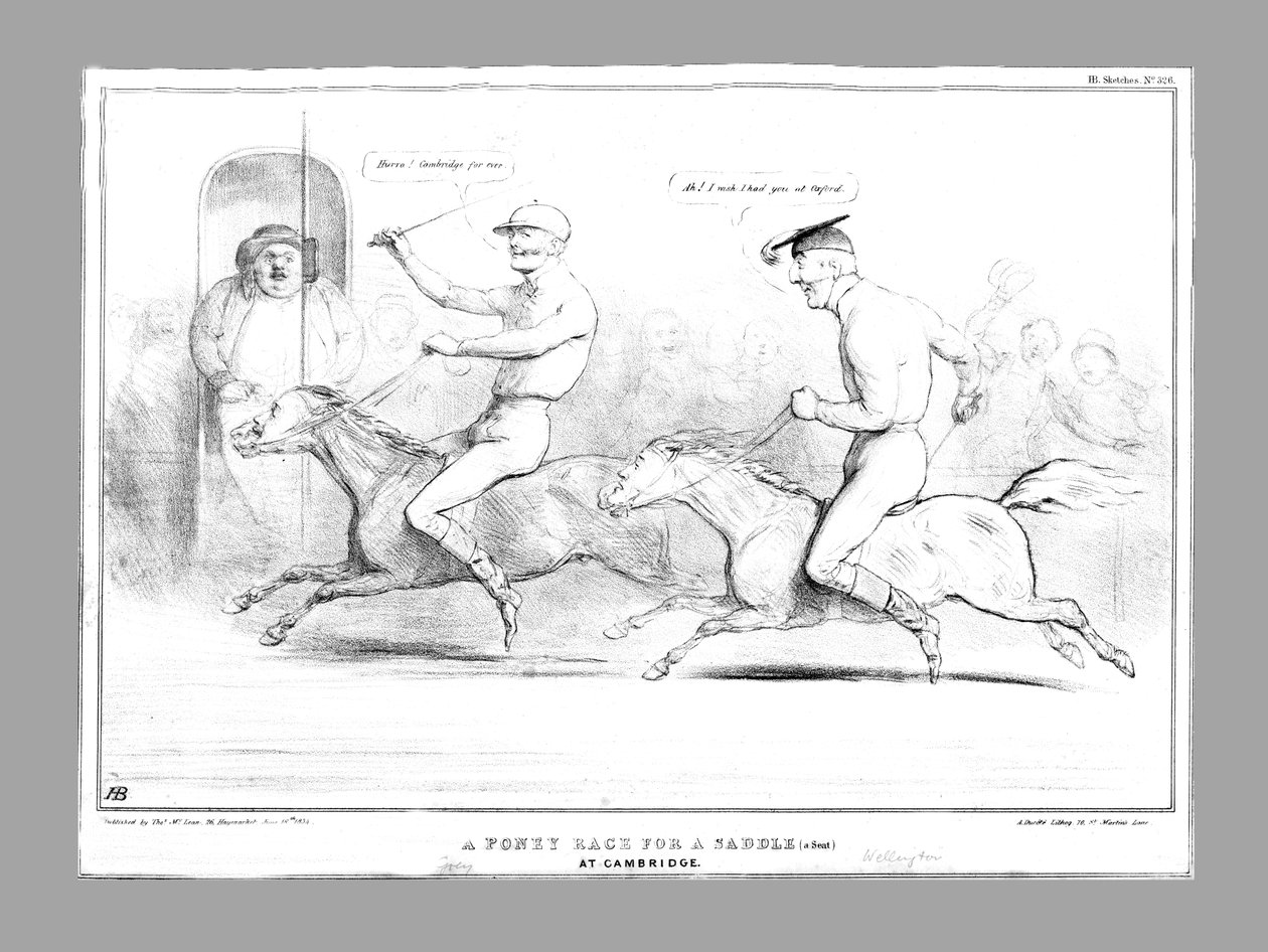 1834年、ケンブリッジでのサドルシートのポニーレース。 作： ジョン・ドイル