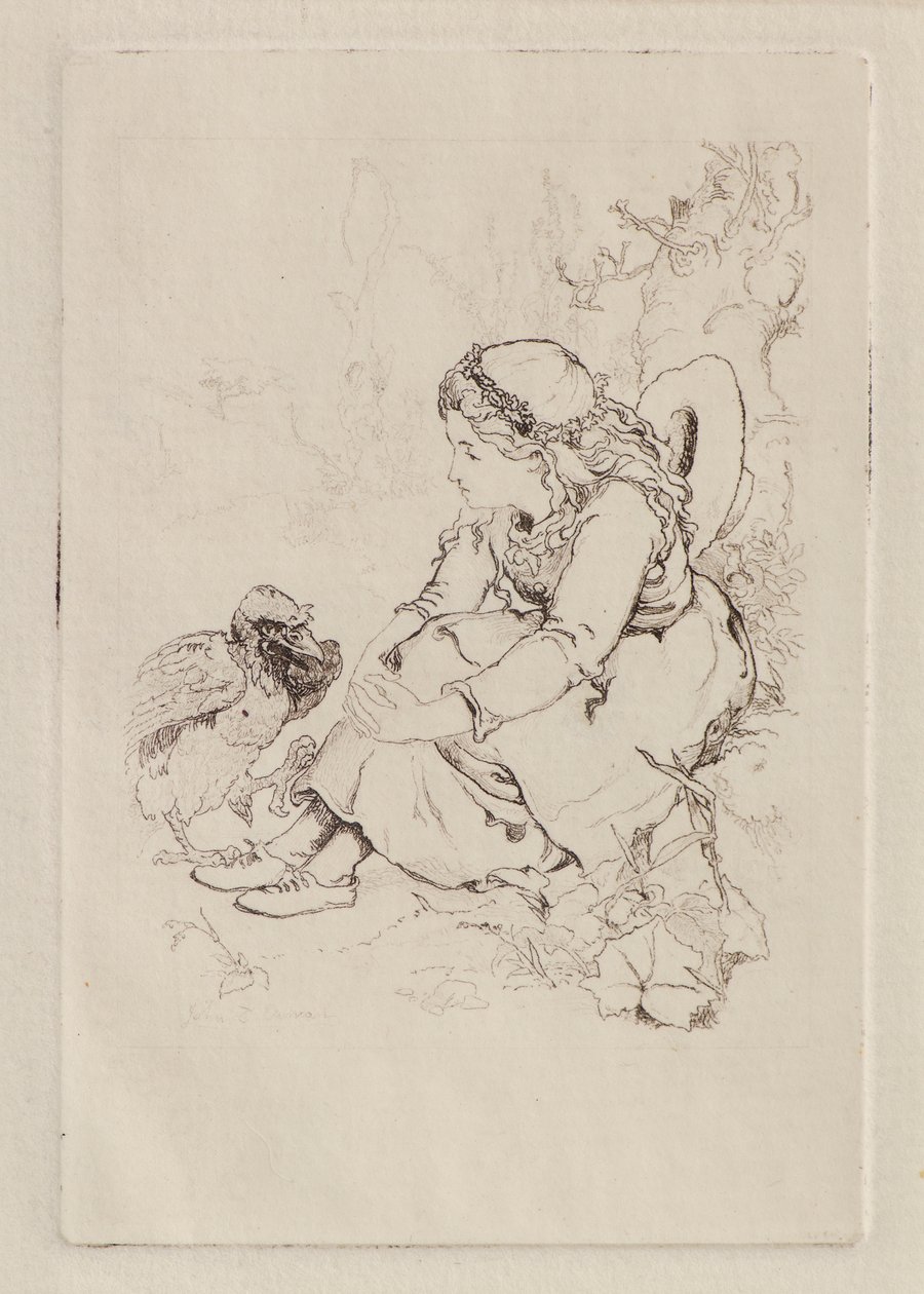 座っている少女と大きな鳥（銅版画 作： ジョン・ダンカン
