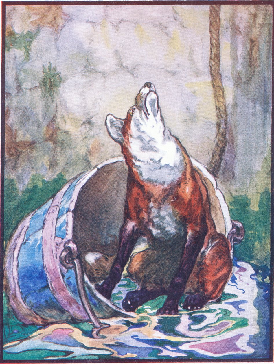 「I am Not Well and Suffer Greatly Good Aunt」、Raphael Tuck & Sons Ltd. 発行の「Animal Legends from Many Lands」の「Reynard the Fox」のイラスト（カラー リソ） 作： ジョン・エドウィン・ノーブル