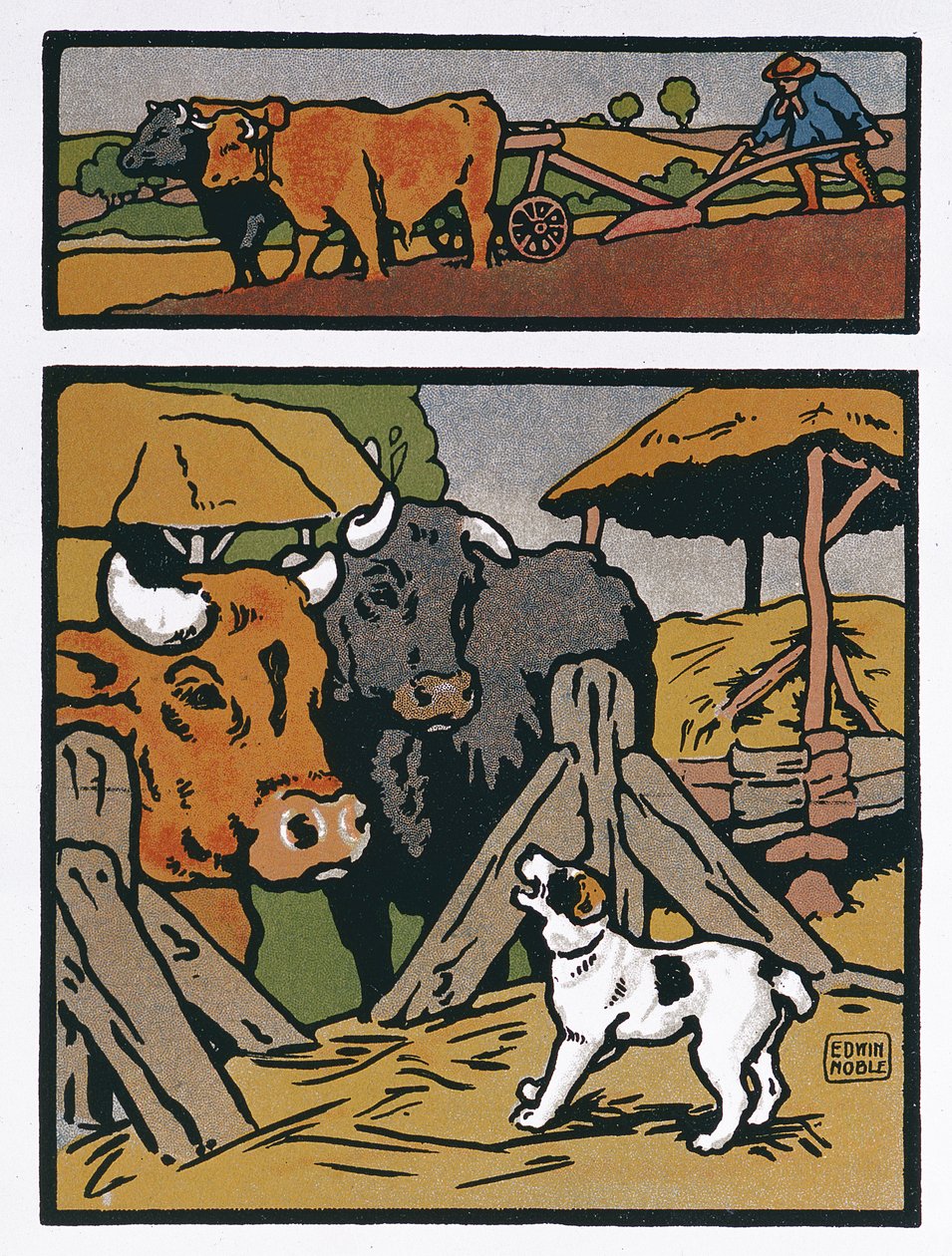 ジャン・ド・ラ・フォンテーヌ（1621-95）の「寓話」からの犬と牛のイラスト（カラー彫刻） 作： ジョン・エドウィン・ノーブル