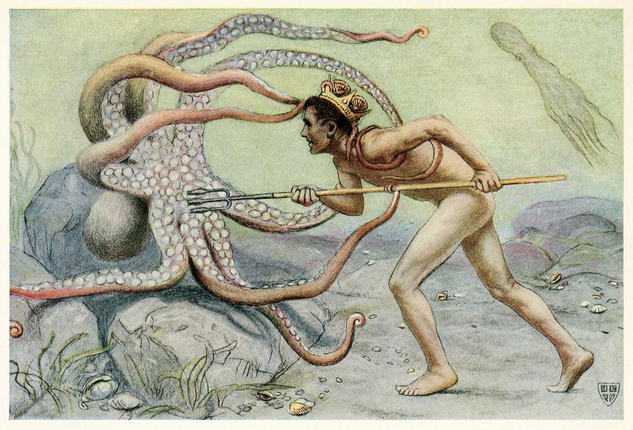彼は非常に勇敢で強かった…そして 1909 年の The Great Sea Horse の巨大なタコと戦った. 作： ジョン・エリオット
