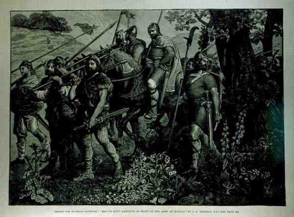 ウィンザータペストリーのデザイン：1882年4月29日、イラストレイテッドロンドンニュースより、ハロルド軍の前で行進するケントの男性 作： ジョン・エヴァン・ホジソン