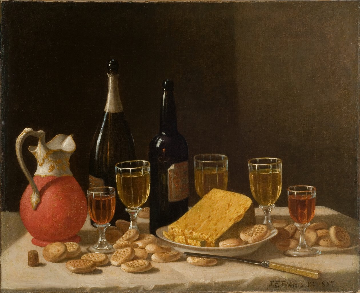 【返品?交換対象商品】 ボトルとワインとチーズのある静物 1857年 （油彩・キャンバス） 絵画