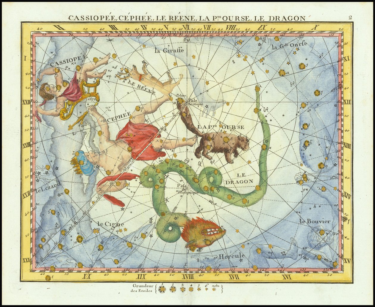 1776 - John Flamsteed - Cassiopee, Cehee, Le Renne, La Pt.Ourse, Le Dragon (カシオペア座、ケフェウス座、こぐま座、ドラコ座) 作： ジョン・フラムスティード