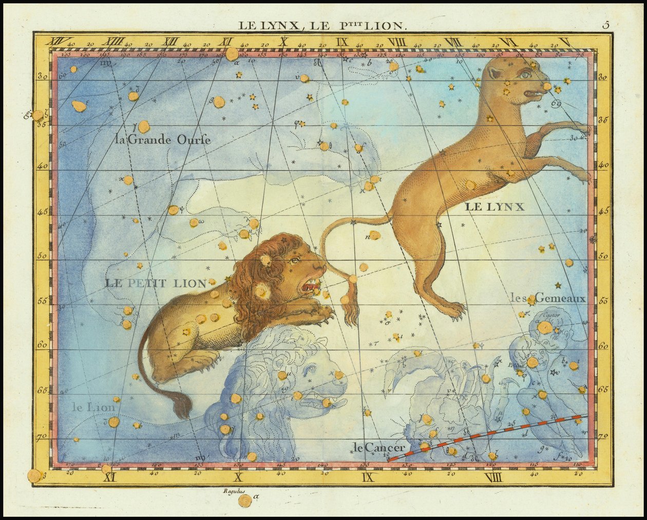 1776年のしし座の星図（フォルタンの『アトラス・セレスト・ド・フラムスティード』より 作： ジョン・フラムスティード