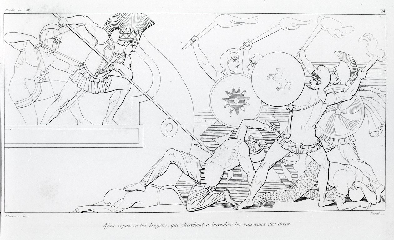 エイジャックスは、ギリシャの船を焼こうとするトロイア人を撃退します。ジョン・フラクスマン（1755〜1826）の作画。ホメロスの『イーリアス』。歌唱 XV. 作： ジョン・フラックスマン