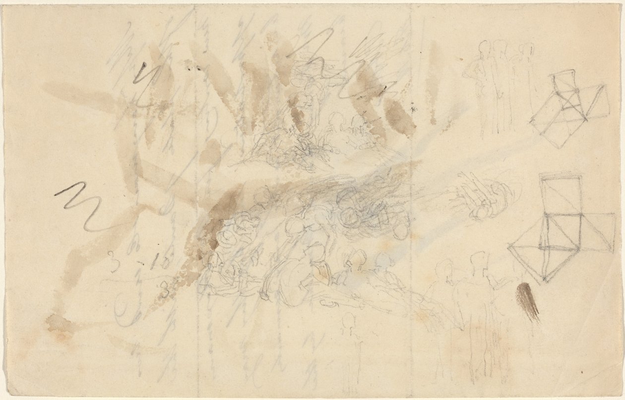 人の娘たちのもとに舞い降りた天使たち、おそらく1821年頃（黒鉛画） 作： ジョン・フラックスマン