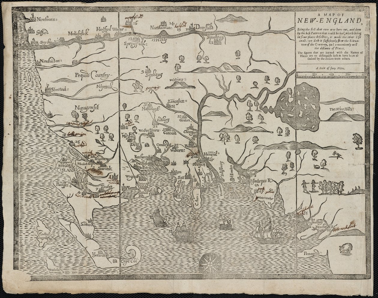 ニューイングランドの地図From：William Hubbardsニューイングランドの現状、1677年 作： ジョン・フォスター