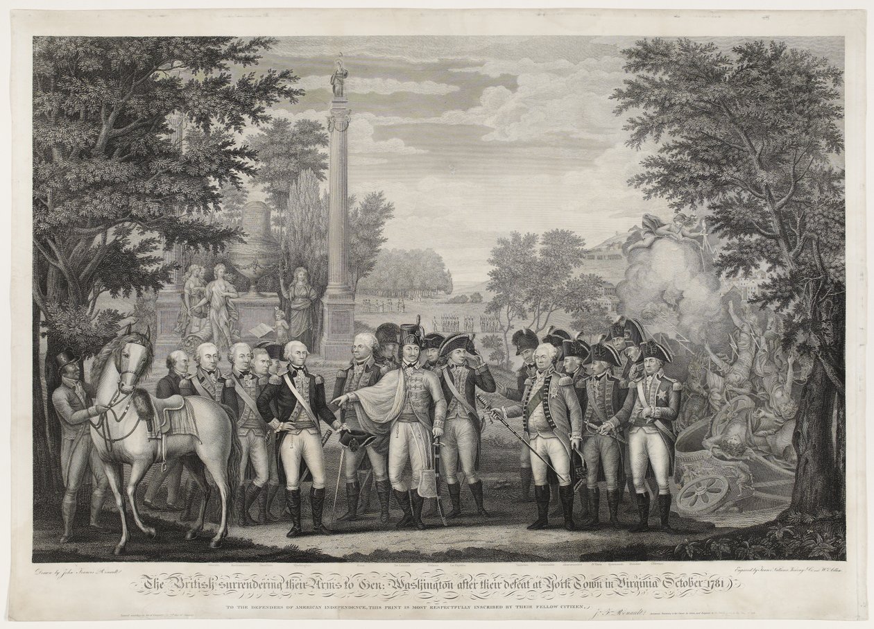 イギリス軍は1781年10月にバージニア州のヨークタウンで敗北した後、武器をGen：Washingtonに降伏させた。 作： ジョン・フランシス（後）ルノー