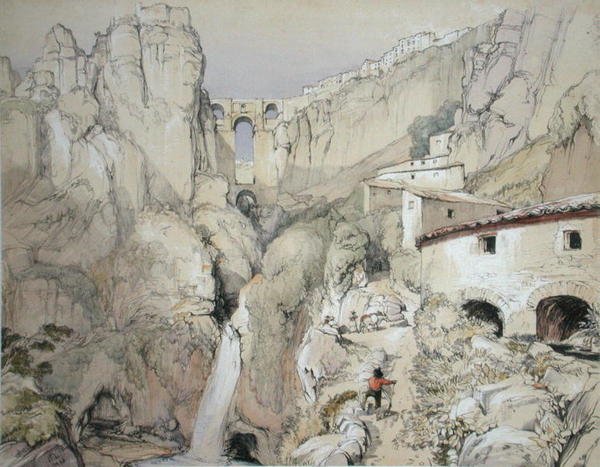 チャールズ・ジョセフ・ハルマンデル（1789-1850）が彫刻し、1836年に出版された「スペインのスケッチ」より、ロンダのジプシーたち。 作： ジョンフレデリック（後）ルイス