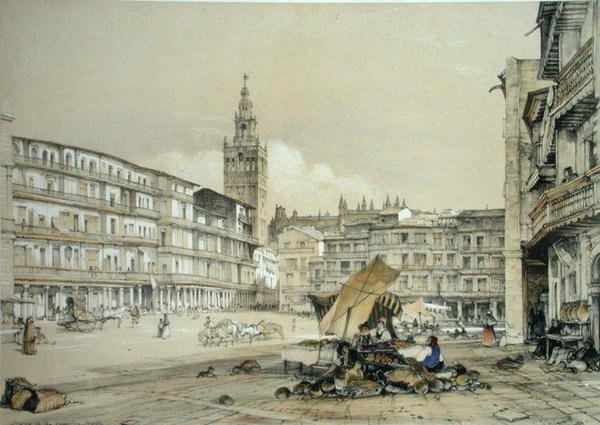 チャールズ・ジョセフ・ハルマンデル（1789-1850）が彫刻し、1836年に出版された「スペインのスケッチ」より、セビリアのサンフランシスコ広場。 作： ジョンフレデリック（後）ルイス