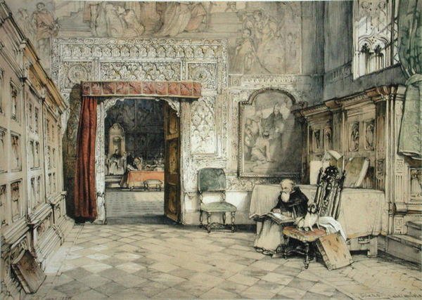 チャールズ・ジョセフ・ハルマンデル（1789-1850）が彫刻し、1836年に出版された「Sketches of Spain」より、トレドのカピトゥラル礼拝堂。 作： ジョンフレデリック（後）ルイス