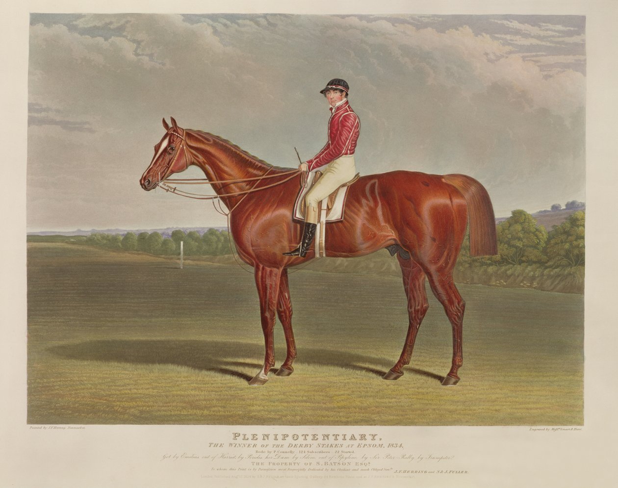 RWスマートとチャールズハント（1803-77）によって刻まれたエプソム、1834年のダービーステークスの勝者である「全能」、パブ。 S. und J. Fuller、1834年（アクアチント） 作： ジョン・フレデリック・ヘリング・シニア