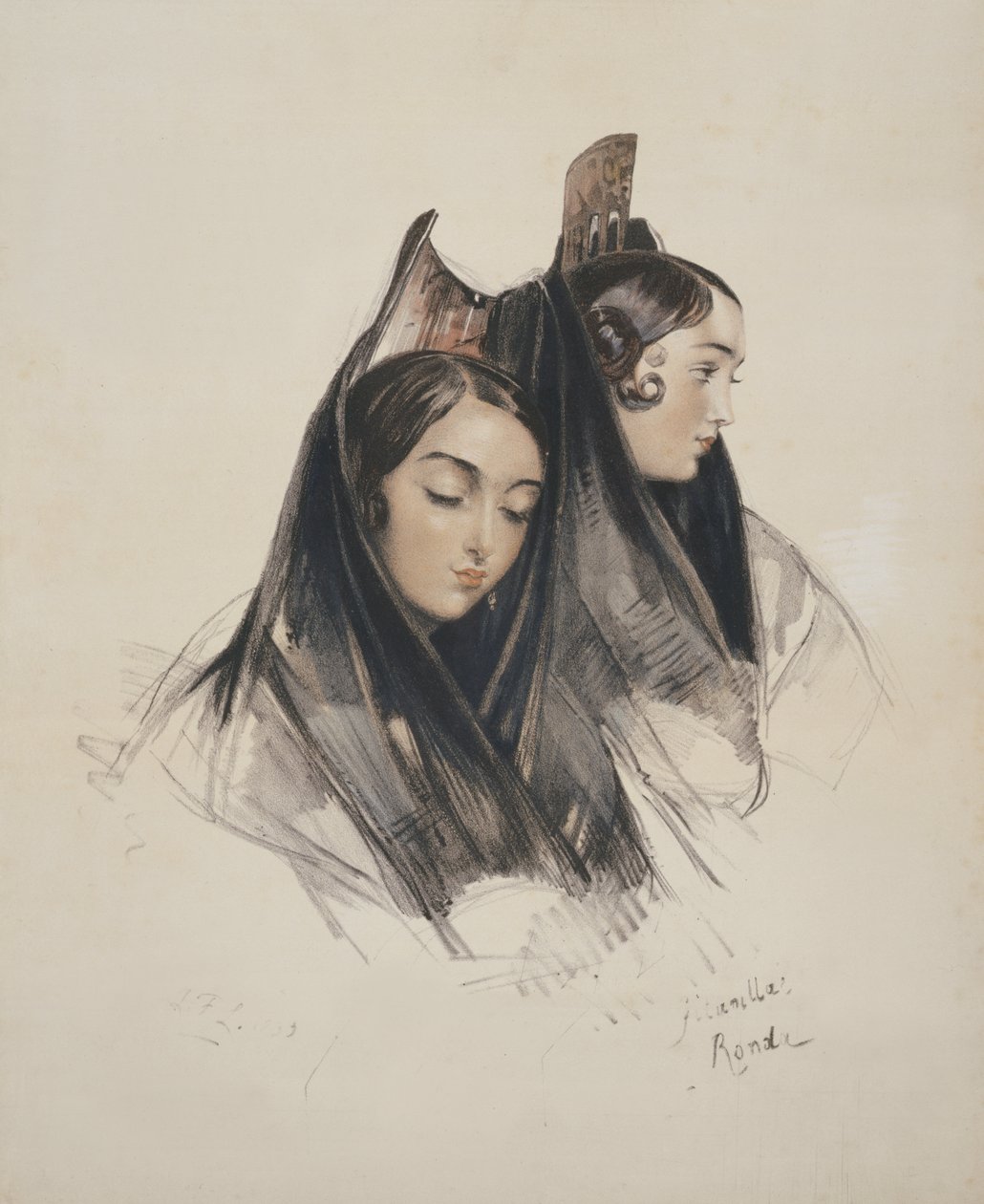 アンダルシアのロンダの女の子、スケッチオブスペインのプレート11、チャールズジョセフハルマンデル（1789〜1850年）によって彫刻され、1836年に出版 作： ジョン・フレデリック・ルイス