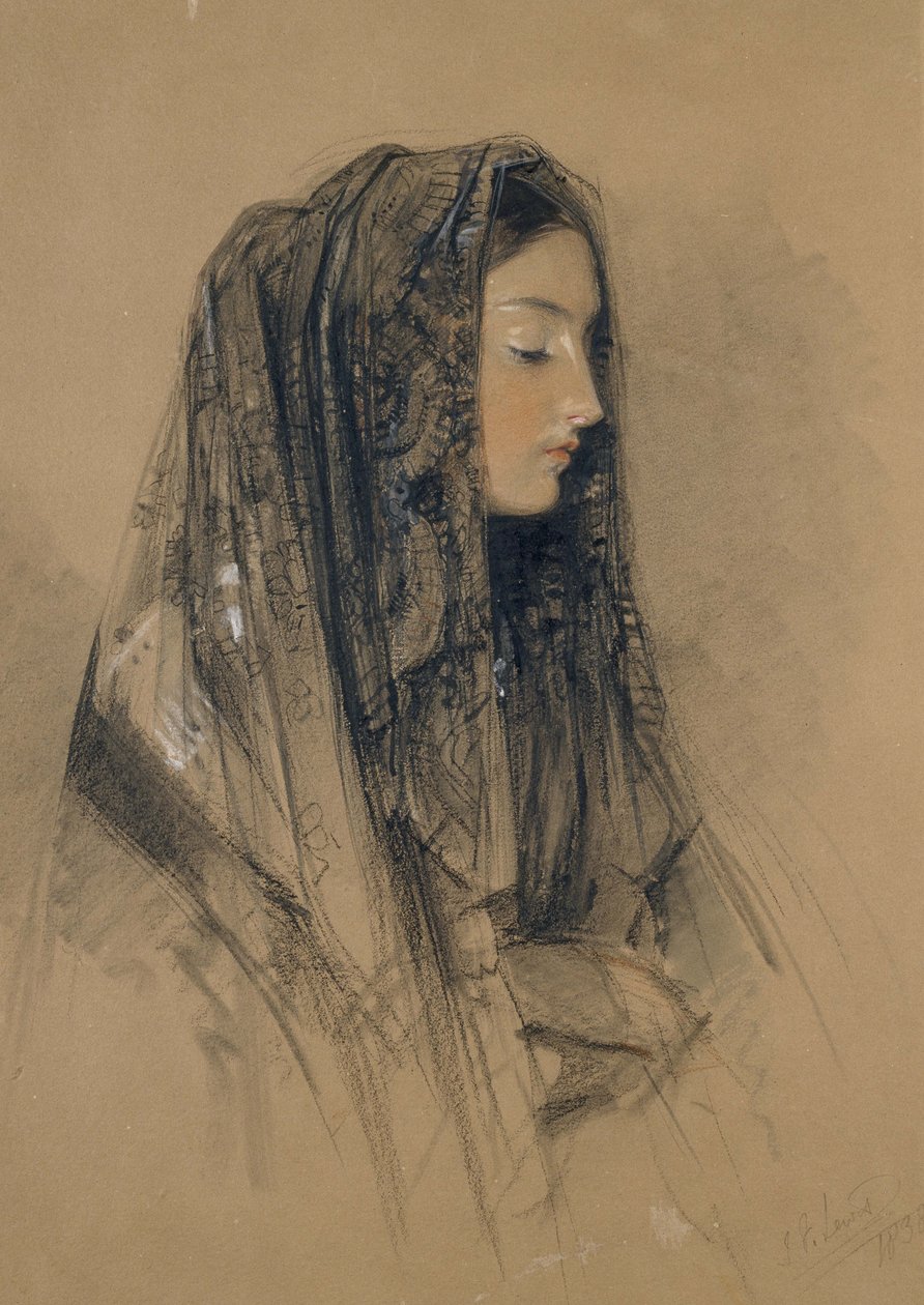 1838年のマンティーリャのイタリア人少女の頭（赤と黒のチョークとインドのインク、水彩画とバフボードのボディカラー） 作： ジョン・フレデリック・ルイス