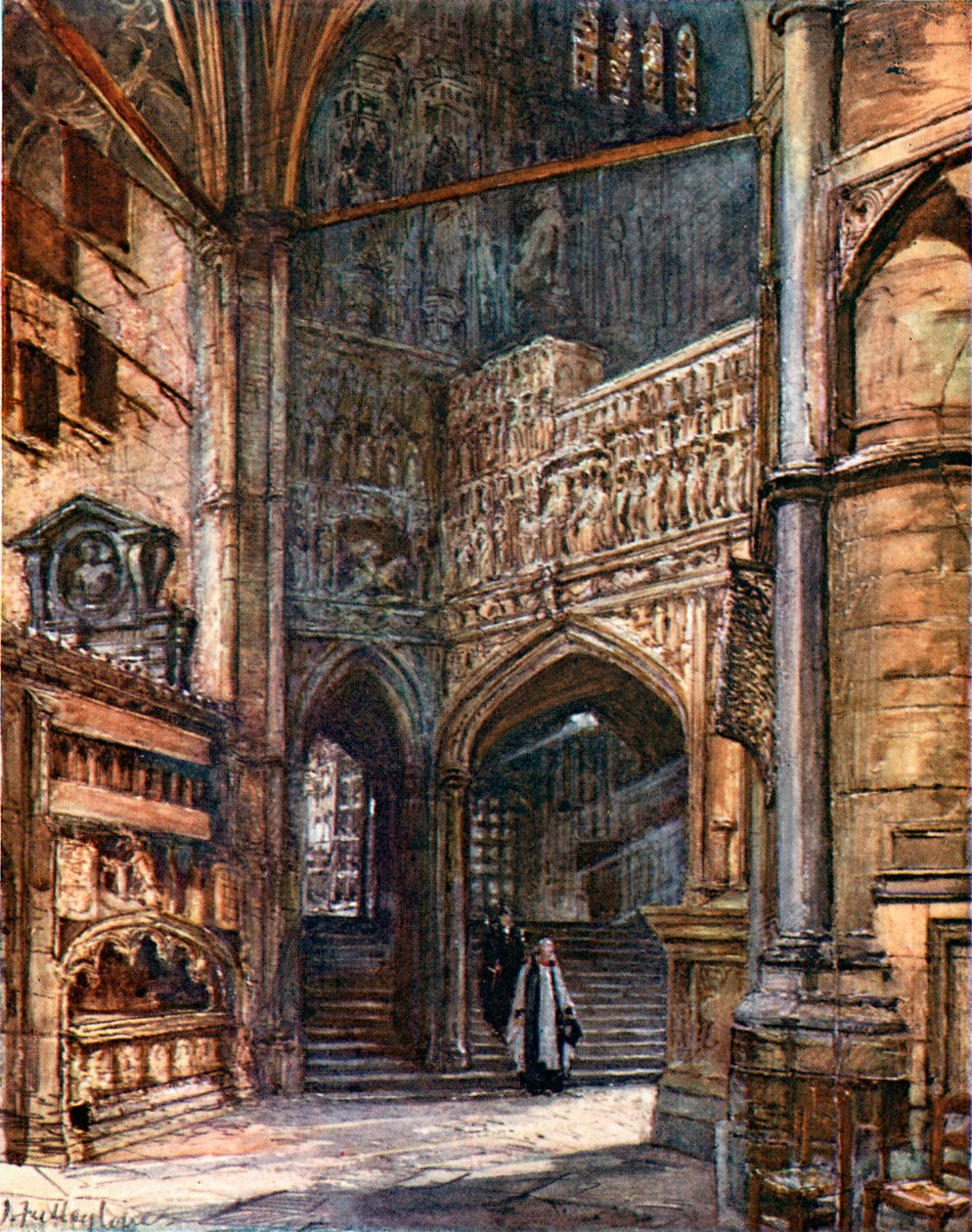 ヘンリー7世の礼拝堂に続く階段を示す北外来（カラーリトグラフ） 作： John Fulleylove