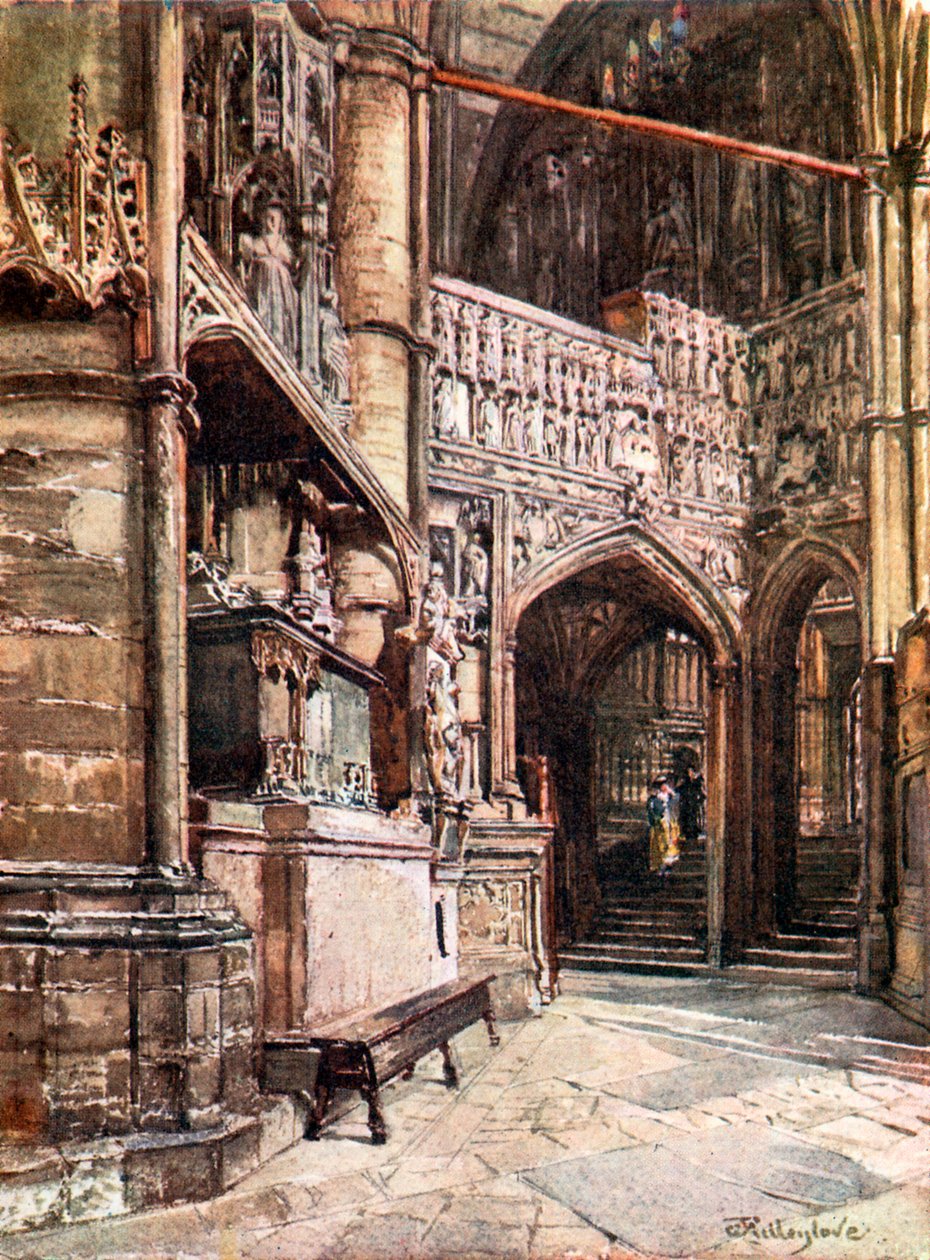 フィリッパ女王の墓とヘンリー5世のチャントリー・チャペル（南側外廊から）（カラーリトグラフ 作： John Fulleylove