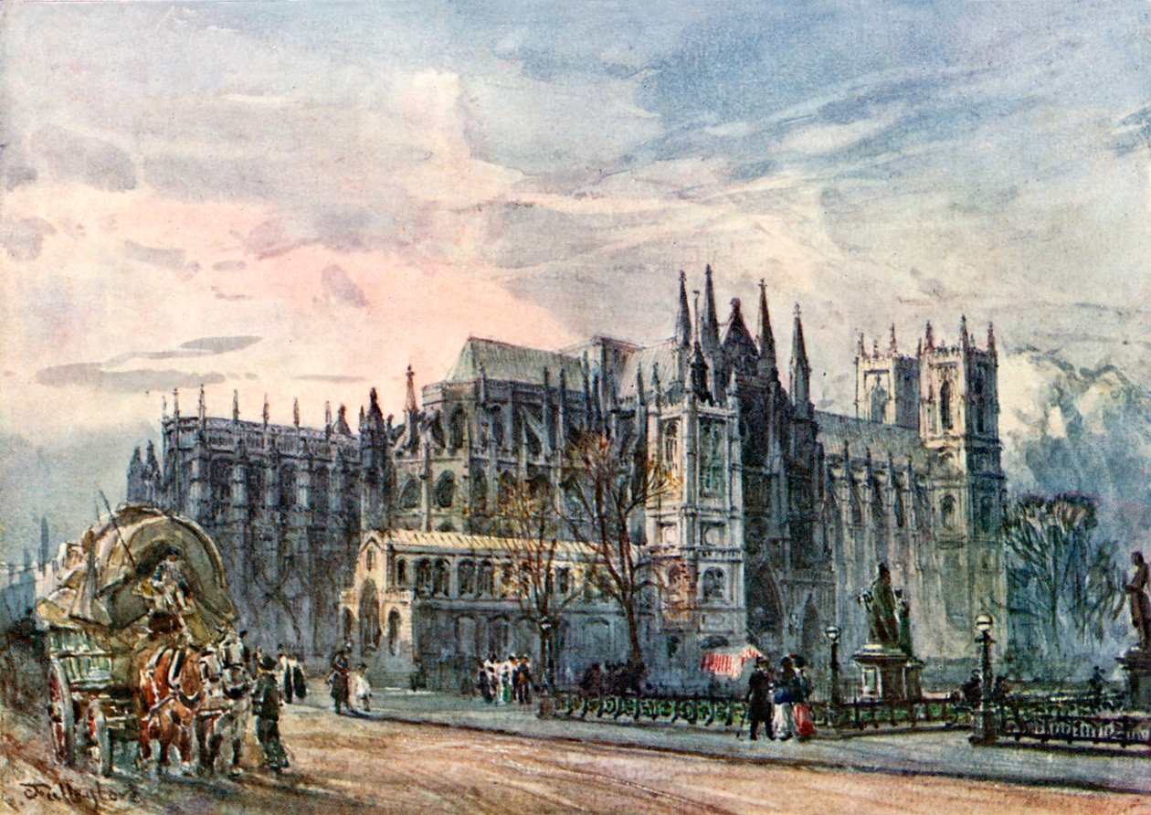 ホワイトホールから修道院と聖マーガレット教会を望む（カラーリトグラフ） 作： John Fulleylove