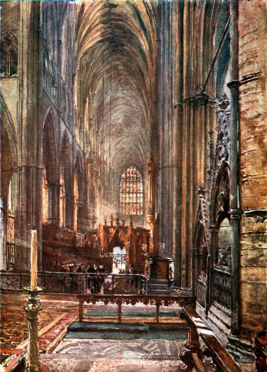 主祭壇から西を見た聖歌隊と身廊の眺め（カラーリトグラフ） 作： John Fulleylove