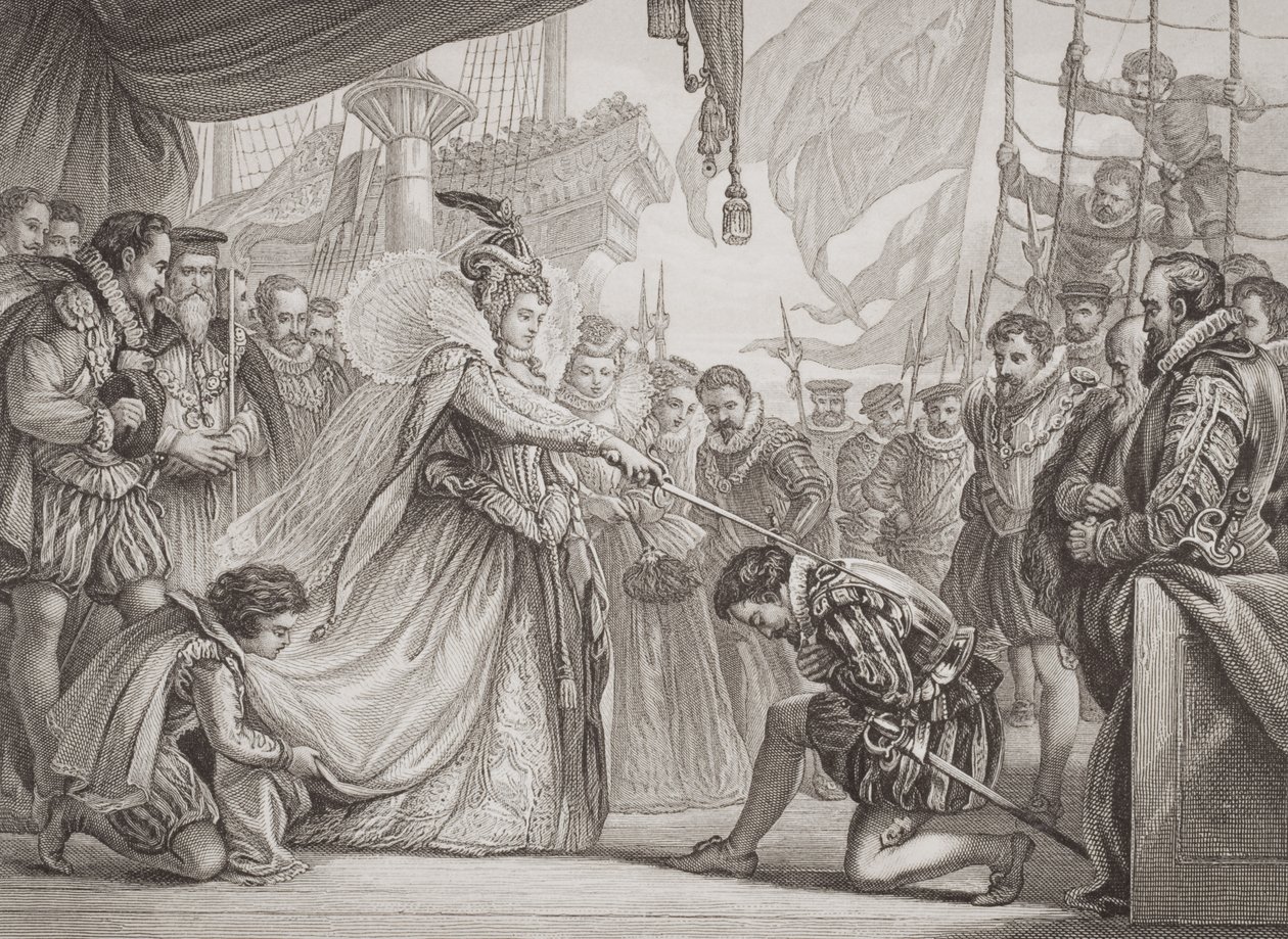 エリザベス女王I（1530-1603）の騎士フランシスドレイク（1540-96）「Illustrations of English and Scottish History」Volume I 作： ジョン・ギルバート