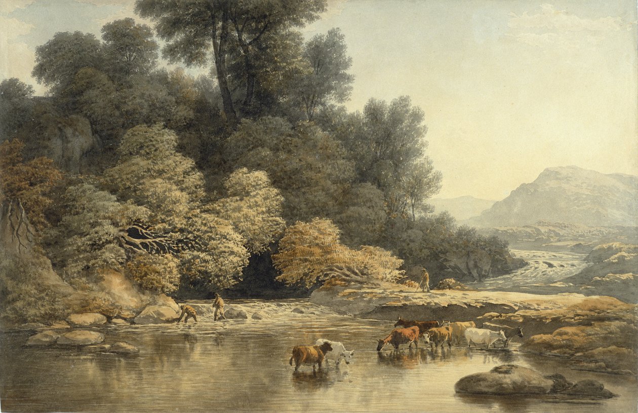 川と牛のある丘陵の風景、c.1810（織り紙のグラファイトの上にトイレ） 作： ジョン・グローバー