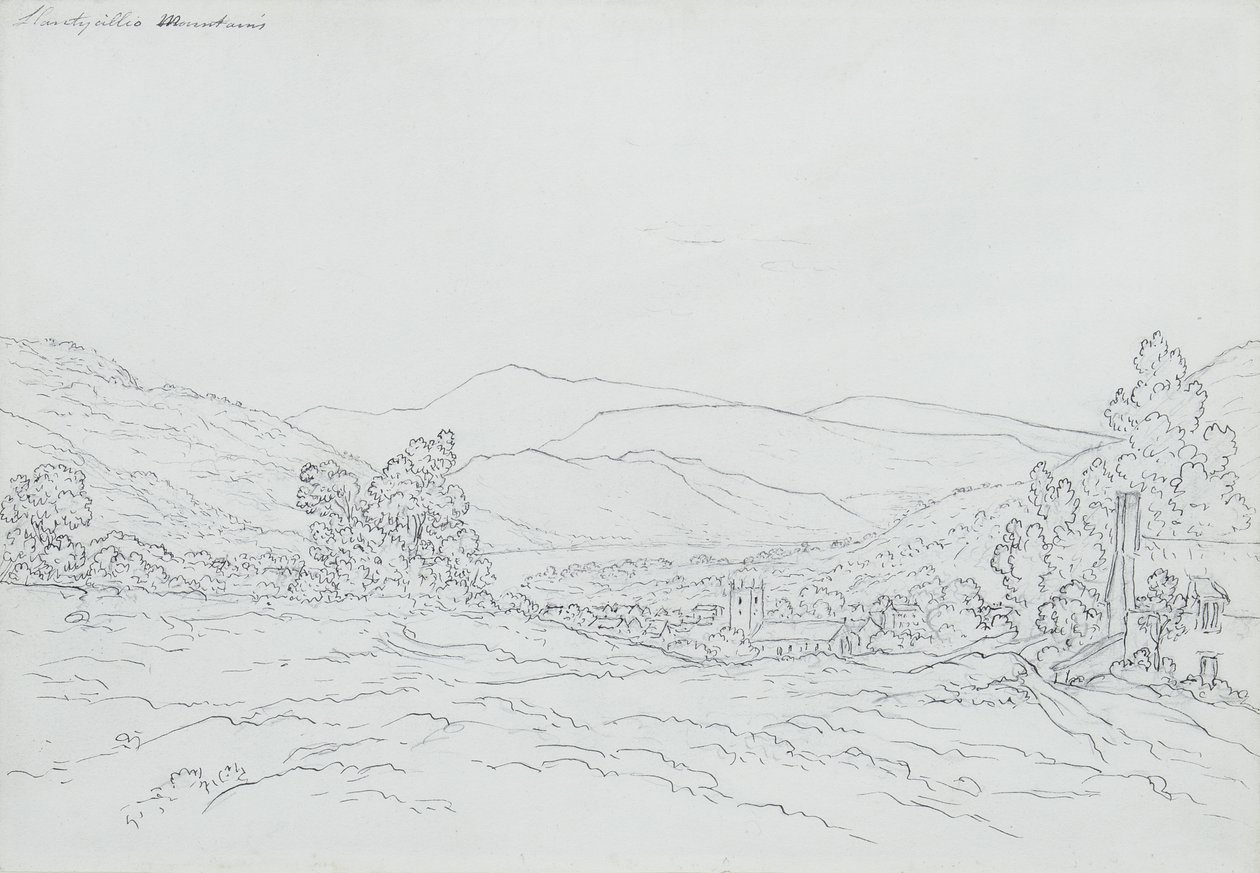 Llantysilio Mountain、Wales（鉛筆、ペン、紙にインク） 作： ジョン・グローバー