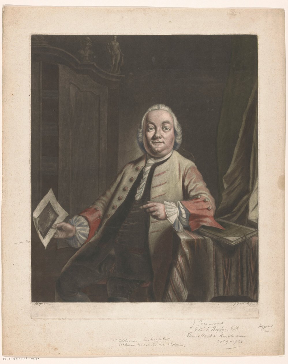 ゲリット・ハゲドーレンの家の略奪の版画を手にしたシモン・フォッケの肖像、1751年 作： ジョン・グリーンウッド
