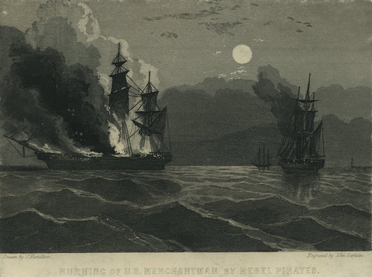 1865年の反乱海賊団による米国商人の燃焼 作： ジョン・ハミルトン