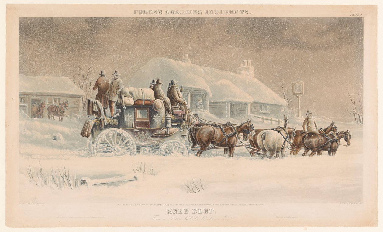 冬の風景の雪の中で 6 頭の馬の馬車 ニー ディープ (オブジェクトのタイトル) フォレスの馬車事件（連載タイトル） フォレスのコーチング事件 作： ジョン・ハリス