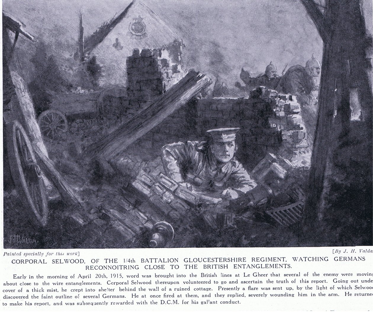 1915年4月にルギアでイギリス人のもつれに迫ったドイツ人の偵察を見守ったセルウッド伍長はDCMで勝利 作： ジョン・ハリス・ヴァルダ