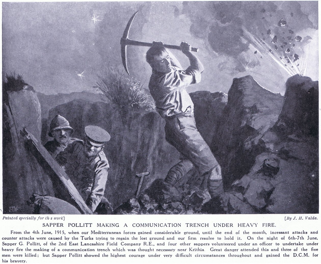 1915年6月、ガリポリ半島で大火事のもとでコミュニケーショントレンチを作るサッパーポリット 作： ジョン・ハリス・ヴァルダ