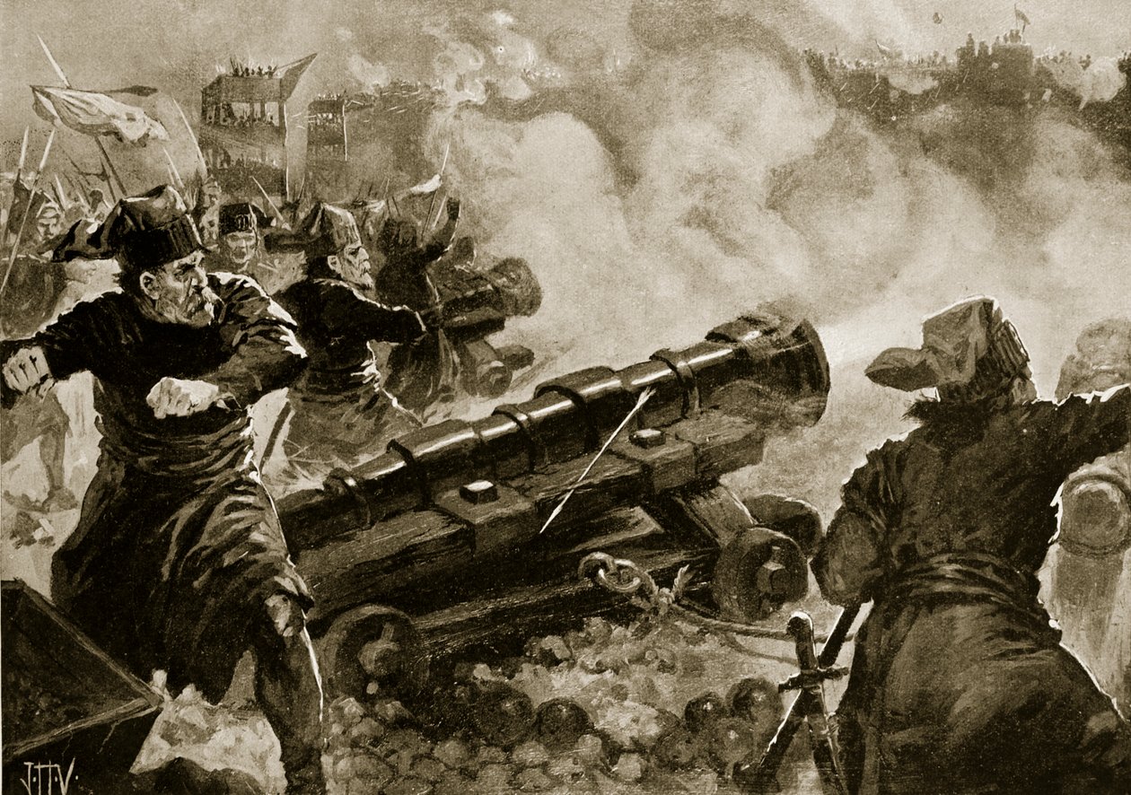 トルコによるコンスタンチノープルの包囲、「ハッチンソンの国家の歴史」、c.1915からのイラスト 作： ジョン・ハリス・ヴァルダ