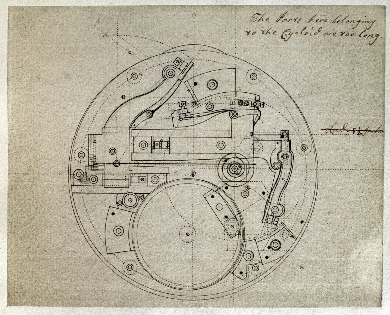 ジョン・ハリソン（1693-1776）によるH4タイムキーパーのムーブメントのレイアウトの図面、1759年頃（紙にペンとインク） 作： ジョン・ハリソン