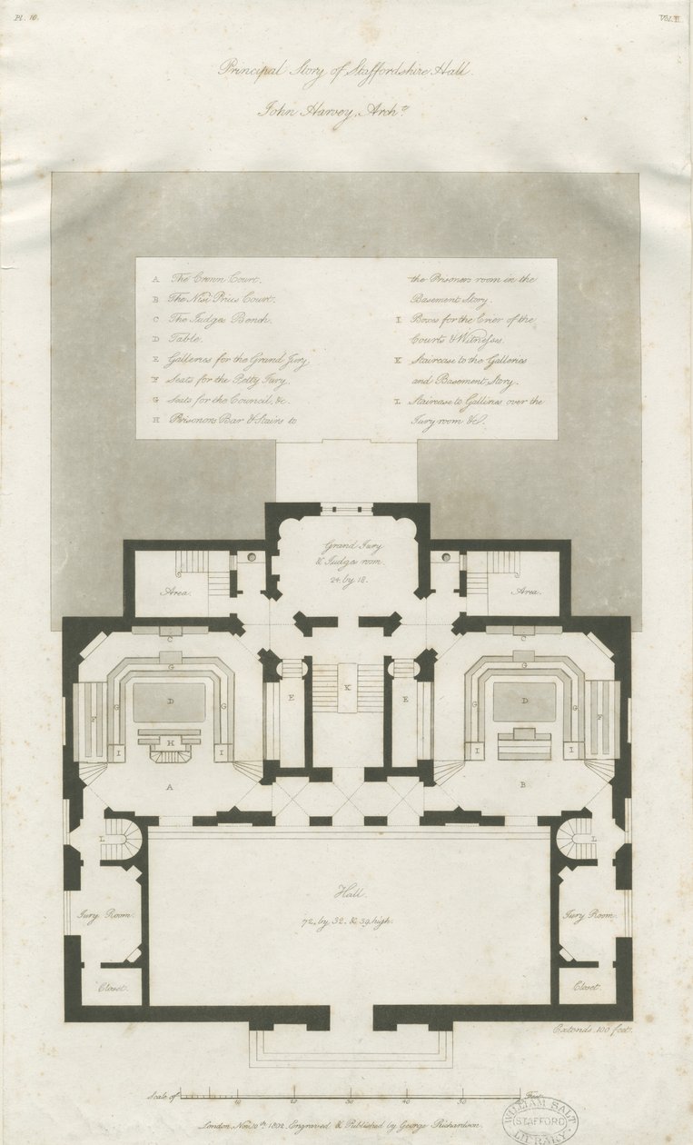 スタッフォード-シャイアホールの主階の計画：彫刻、nd [1794-1798]（印刷） 作： ジョン・ハーベイ