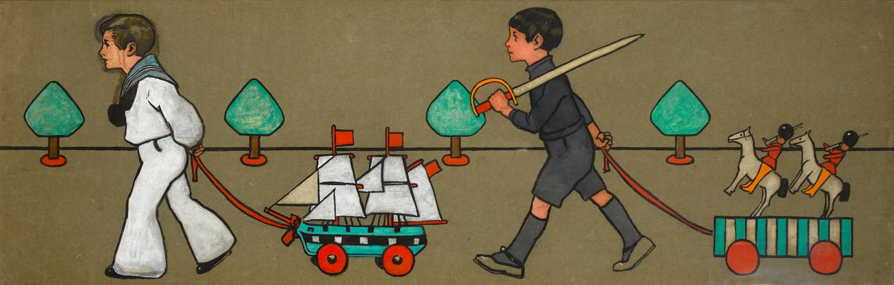 「おもちゃを持った子供たちのパレード」フリーズのオリジナルデザイン、1900年頃（茶色の紙にガッシュ） 作： ジョン・ハッサル