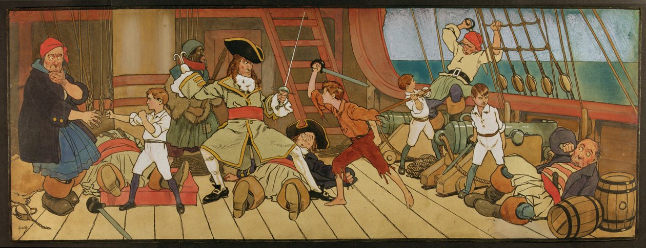 キャプテンフックとの最後の決闘で海賊とピーターと戦うロストボーイ、「ピーターパン」のイラスト、1906年頃 作： ジョン・ハッサル