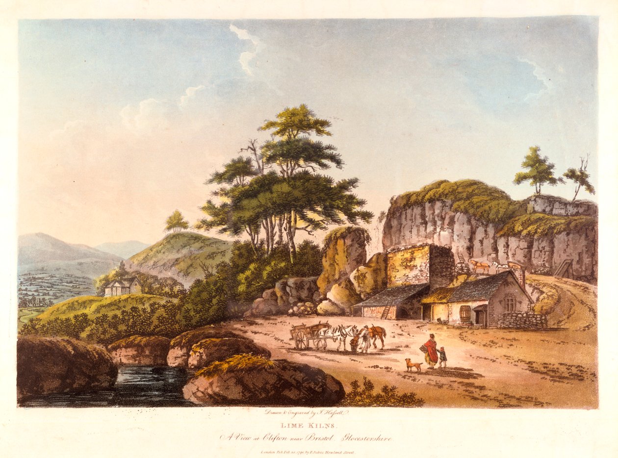 ライム窯。 1798年、グロスターシャー州ブリストル近くのクリフトンでのビュー。 作： ジョン・ハッセル